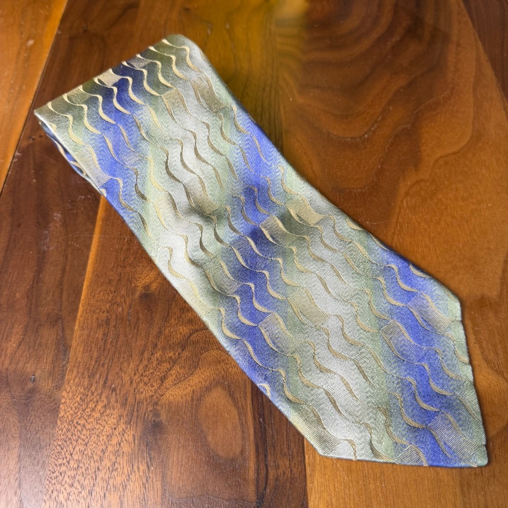 XMI Platinum Allโ Silk Tie Wavy Abstract Pattern Blue Green Gold Menswear MUSA